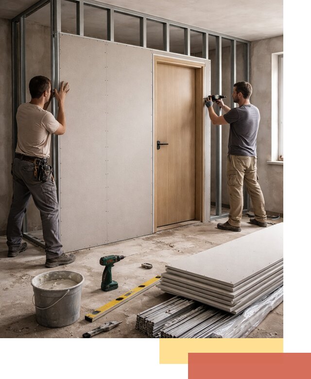 Перегородка из гипсокартона с дверью под ключ в Юрге