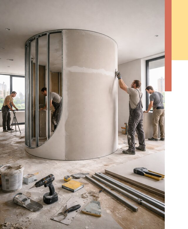 Радиусная перегородка из гипсокартона в Юрге от 3102 руб. под ключ | ОТДЕЛОЧНИК-Юрг