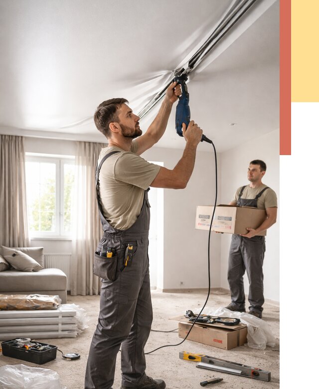 Монтаж сатинового натяжного потолка в Юрге от 3744 руб. | Быстро, недорого — ОТДЕЛОЧНИК-Юрг