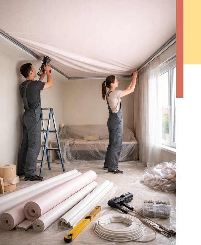 Монтаж цветного натяжного потолка в Юрге от 4492 руб/м² — быстро и недорого | ОТДЕЛОЧНИК-Юрг