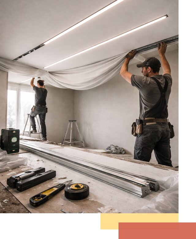 Монтаж натяжных потолков со световыми линиями в Юрге