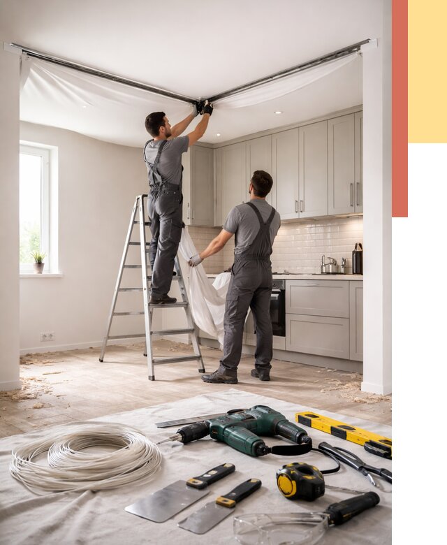 Установка натяжного потолка на кухне в Юрге от 2567 руб. | ОТДЕЛОЧНИК-Юрг