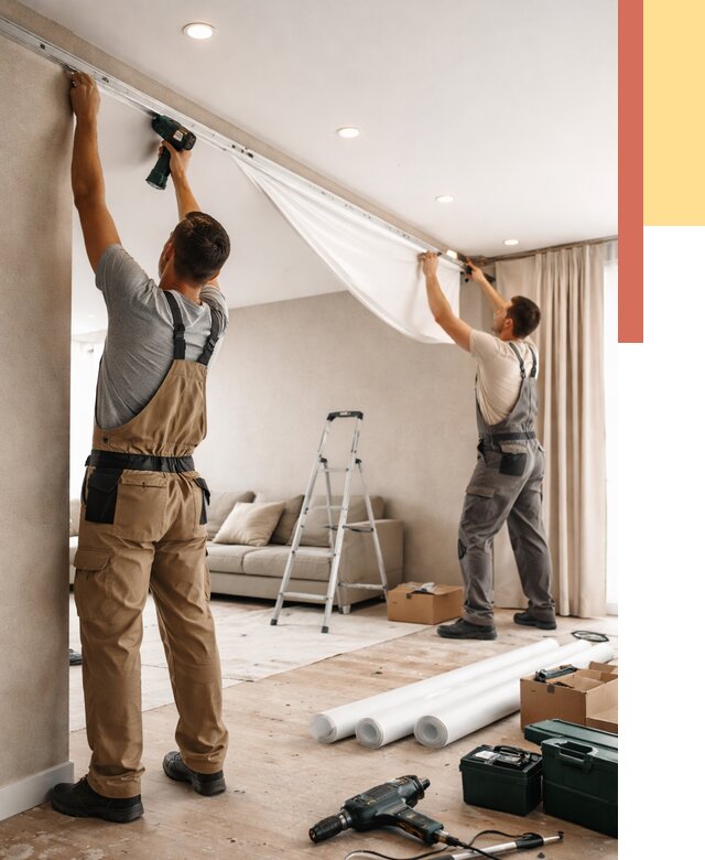 Монтаж натяжного потолка в гостиной в Юрге от 588 руб. | ОТДЕЛОЧНИК-Юрг